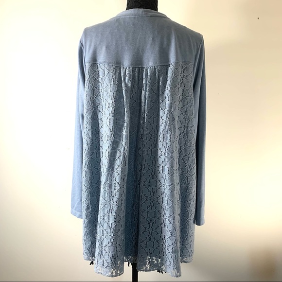 LOGO Lori Goldstein Blue Lace Back Zip Cardigan - Picture 4 of 11